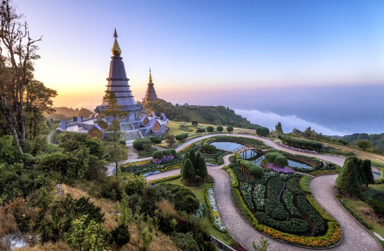 Landmark two pagoda Noppamethanedol &amp; Noppapol Phumsiri on top doi Inthanon moutain, The national park at Chiang mai, Thailand.